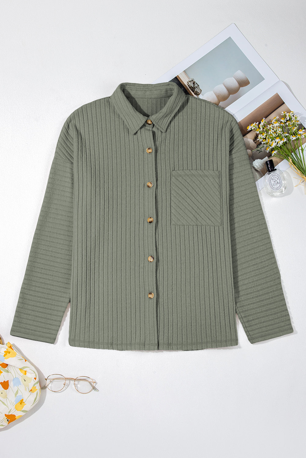 Lucia Ribbed Texture Button Up Shacket Threaded Pear