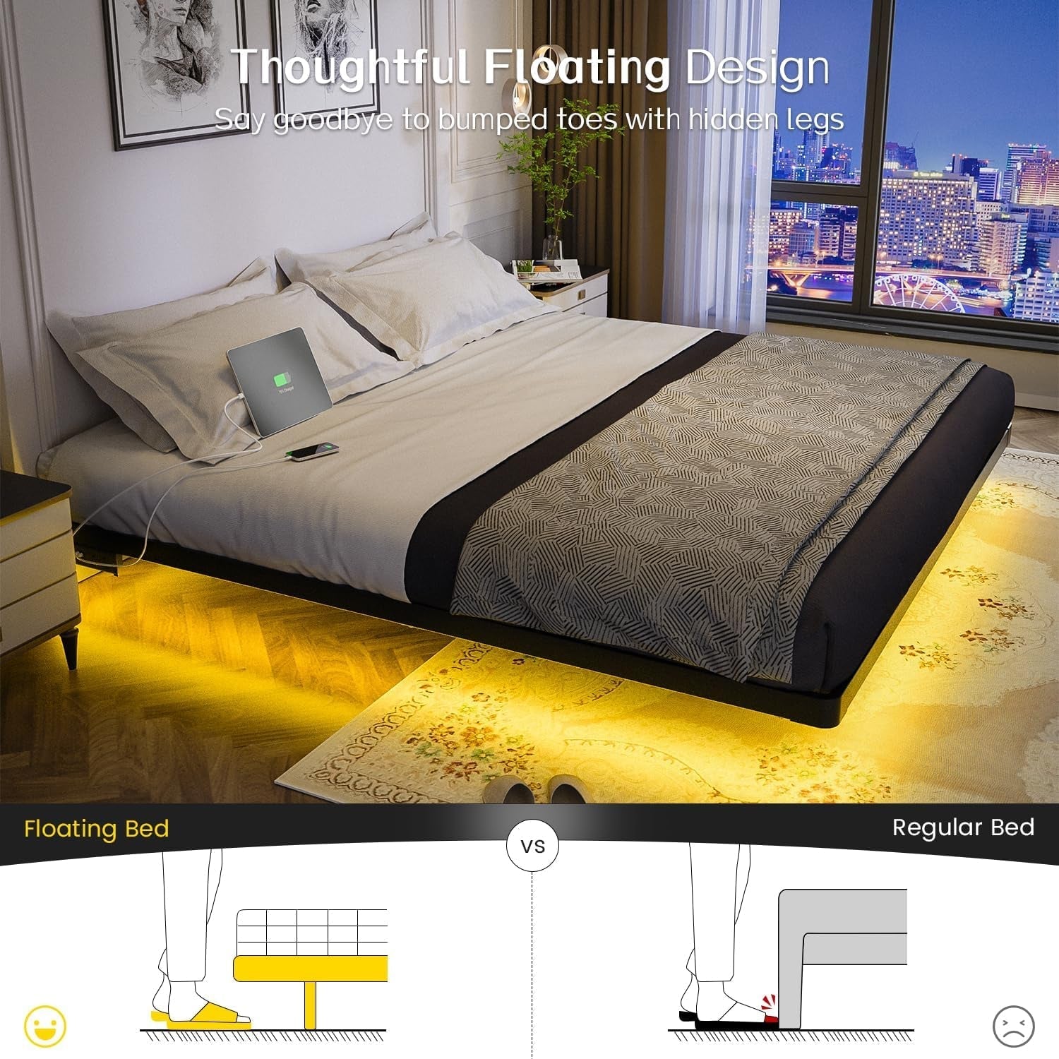 King Size Floating Bed Frame With Integrated LED Lighting ShipItFurniture