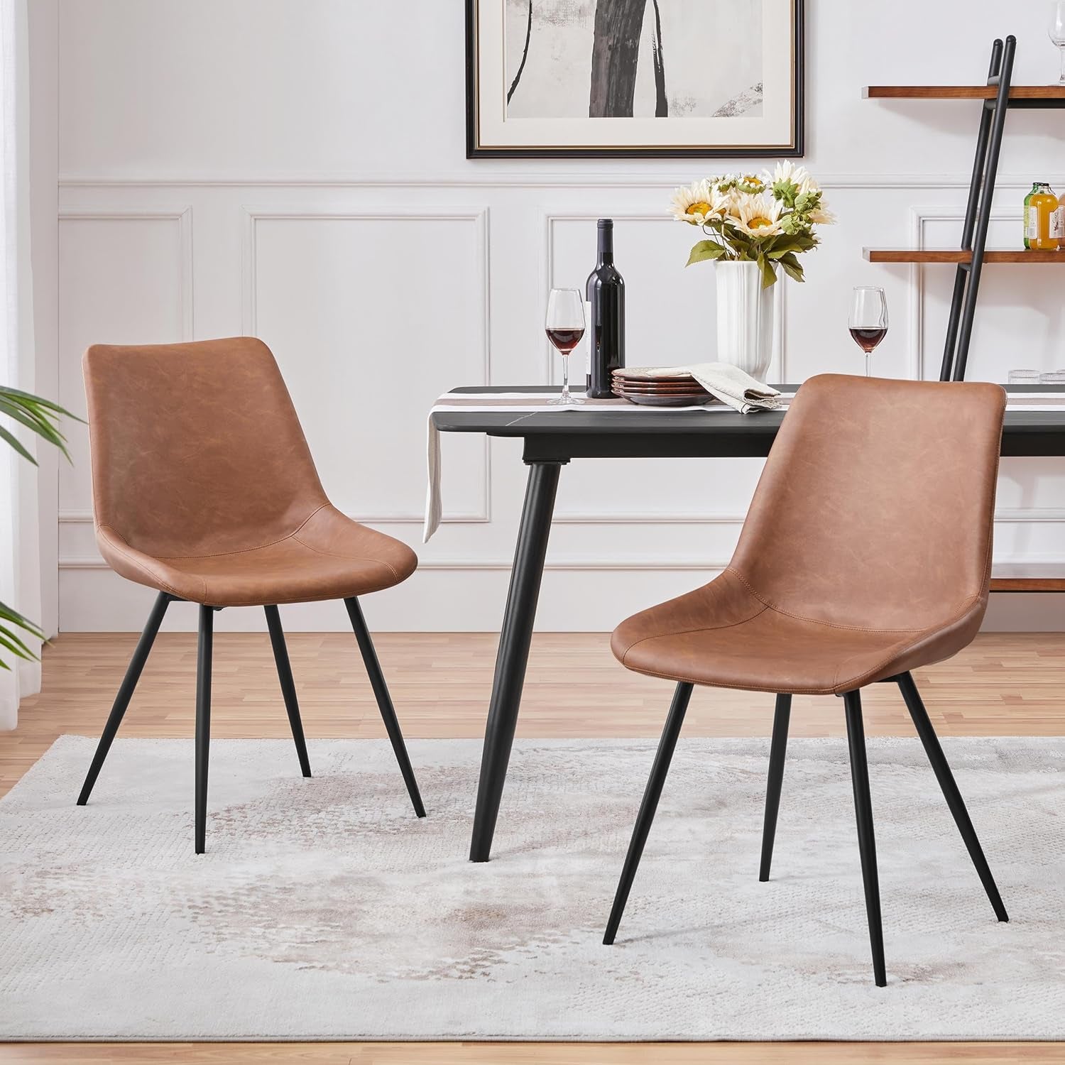 Dining Chairs Set of 2 Upholstered Modern Dining Room Chairs Mid Century Faux Leather Kitchen Chairs with Metal Legs for Dining Room Kitchen, Brown ShipItFurniture