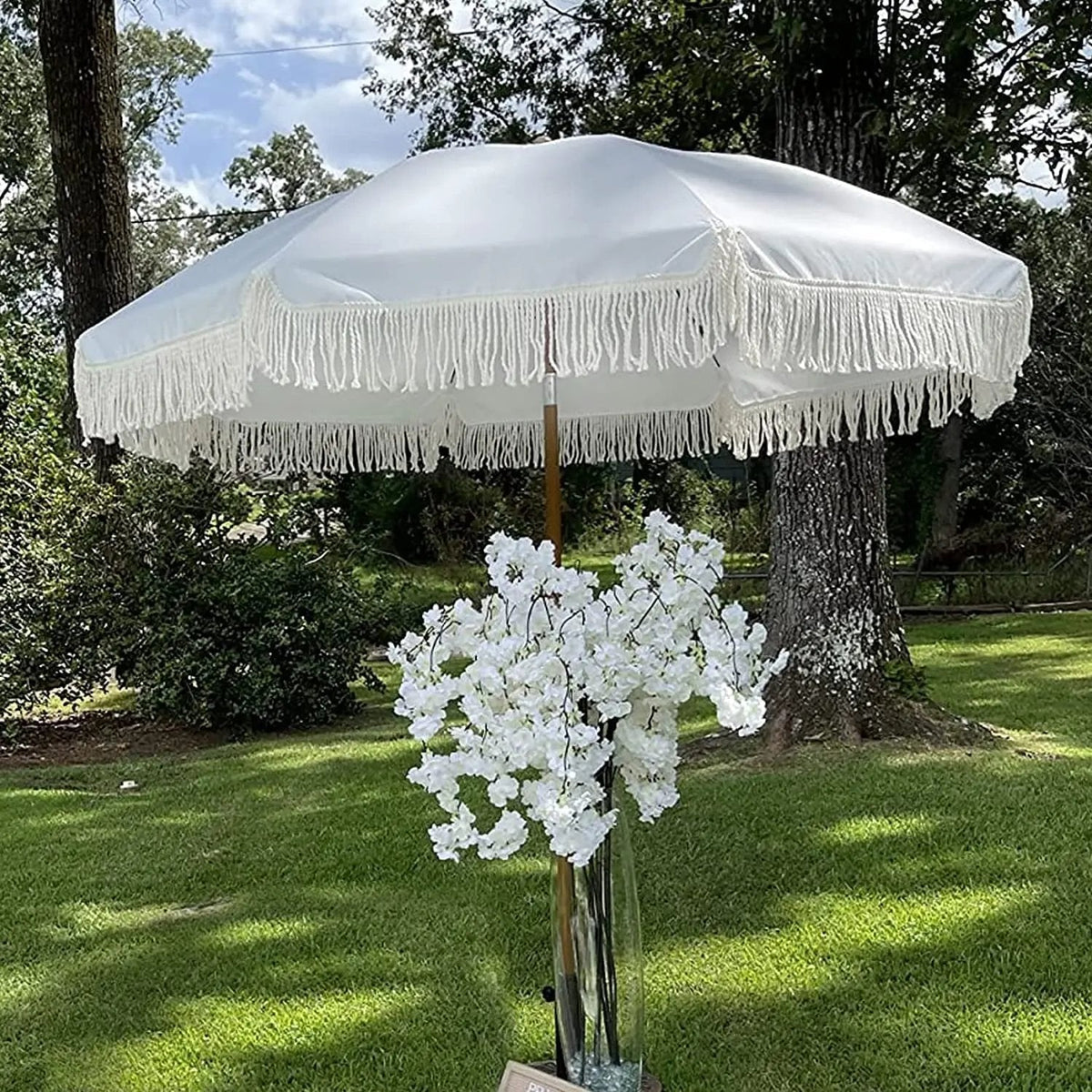 7Ft Patio Umbrella with Fringe Outdoor Tassel Umbrella UPF50+ Premium Steel Pole and Ribs Push Button Tilt, White Cream - Get it from Bo