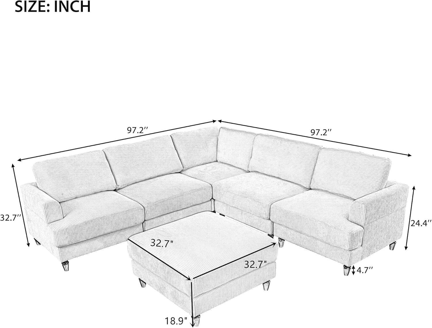 L Shaped Beige Corduroy Sectional Sofa With Ottoman ShipItFurniture