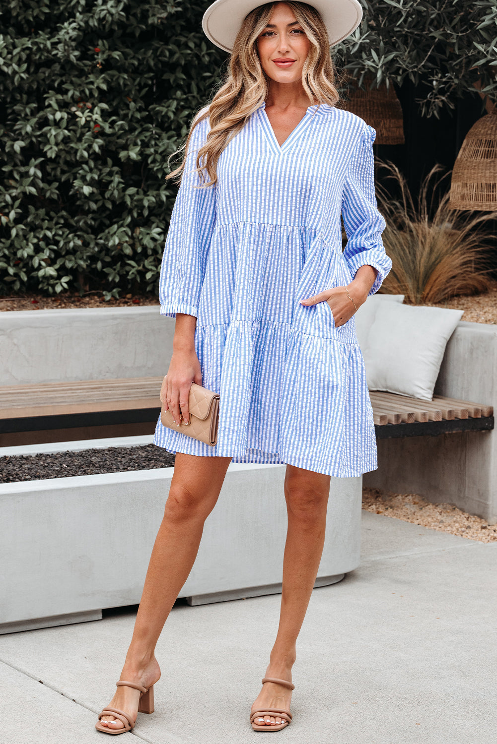 Kaia Stripe Bracelet Sleeve Tiered Dress with Pockets Threaded Pear