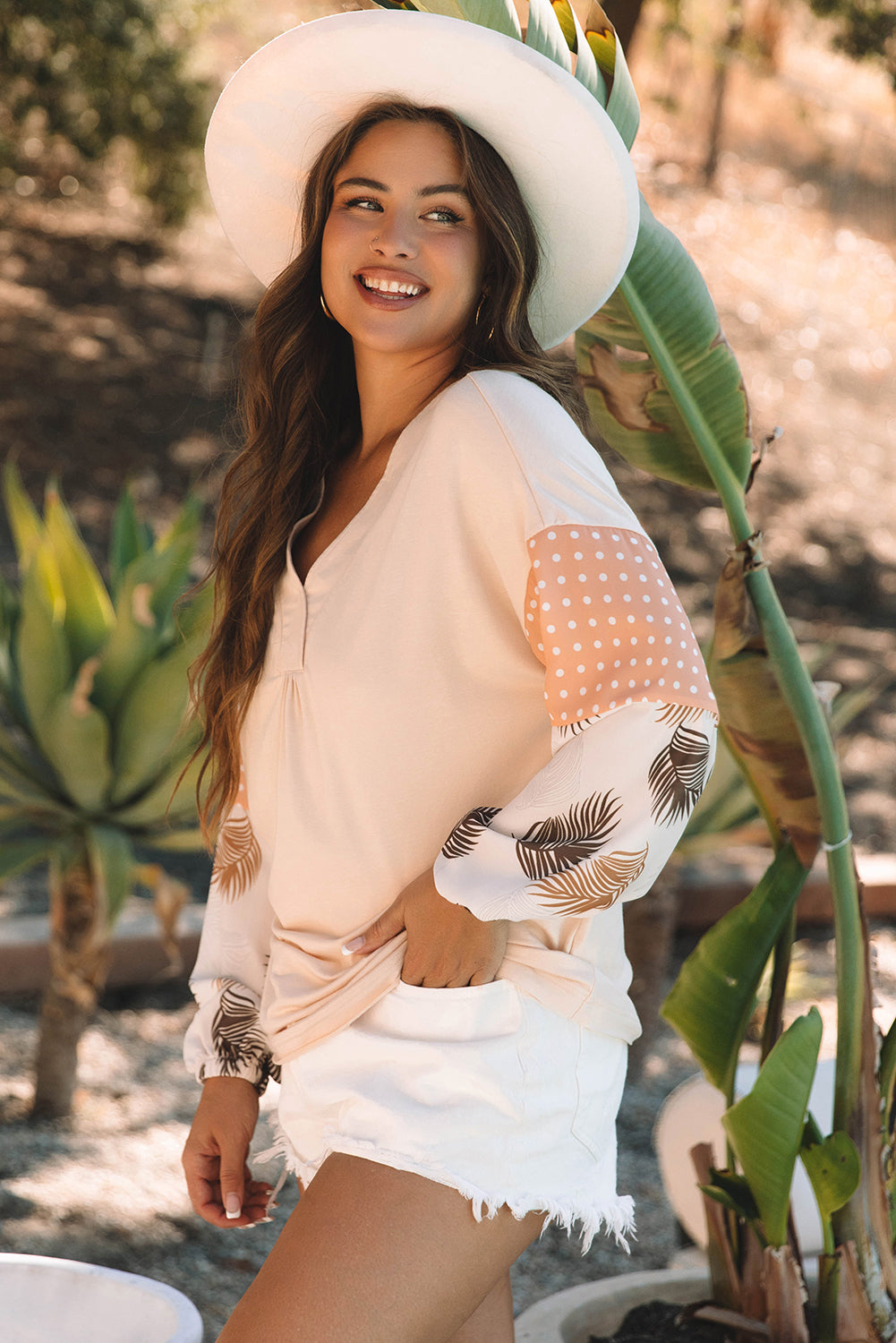 Alora Palm Leaves Polka Dot Loose Blouse Threaded Pear
