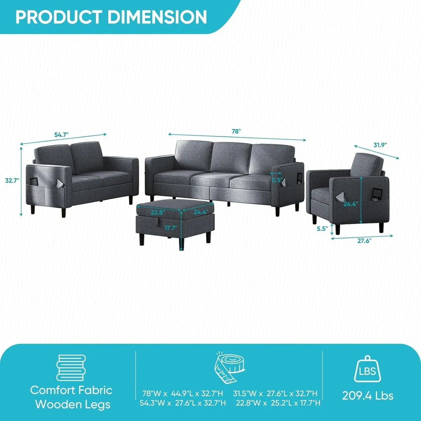6 Seater Sectional Sofa In Dark Grey Linen With Ottoman ShipItFurniture