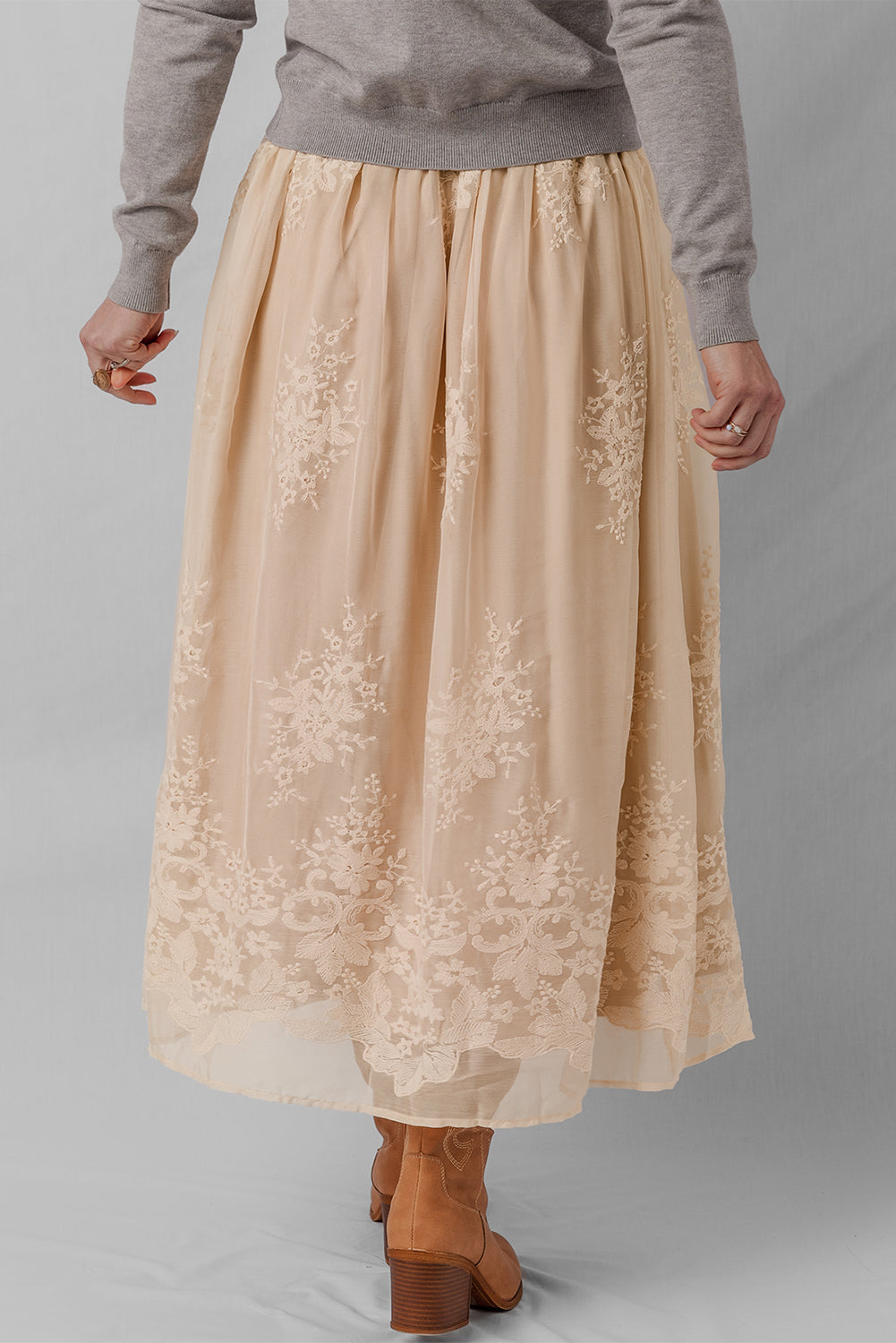Vivienne Embroidered Mesh Overlay Long Skirt Threaded Pear