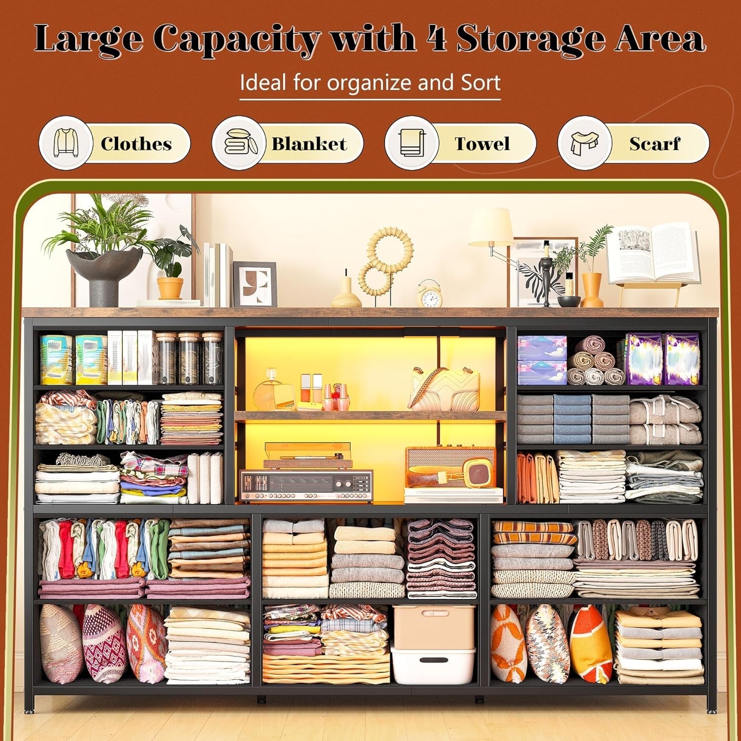 Dresser with LED Lights & Power Outlets, 12 Drawers Dresser TV Stand for 60''TV for Bedroom Dresser Fabric Dressers & Chest of Drawers, Sturdy Long Dresser for Closet Living Room,Hallway ShipItFurniture