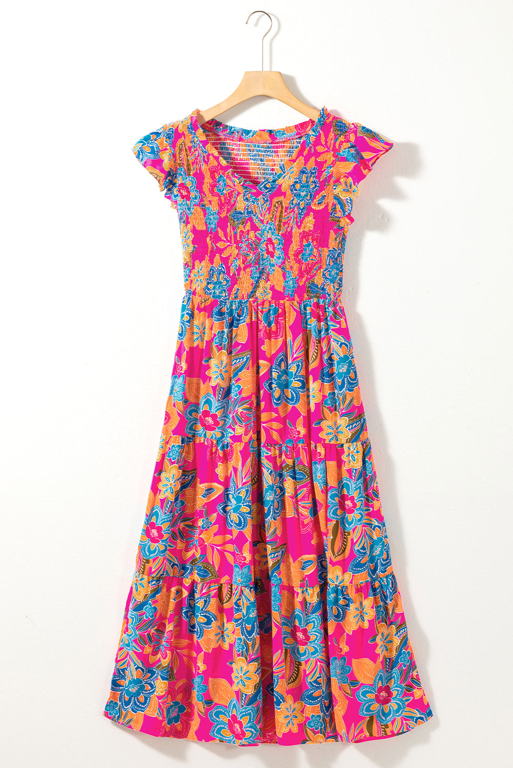 Kamari Boho Floral V Neck Ruffle Tiered Long Dress