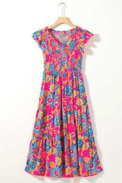 Kamari Boho Floral V Neck Ruffle Tiered Long Dress