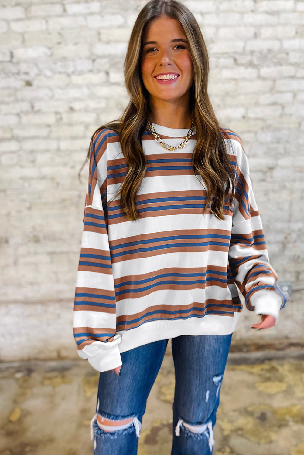Rose Stripe Crew Neck Pullover Sweatshirt Threaded Pear