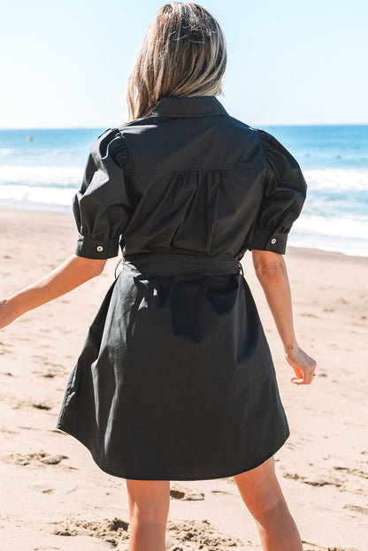 Malaya Button Up Tie Waist Puff Sleeve Mini Dress