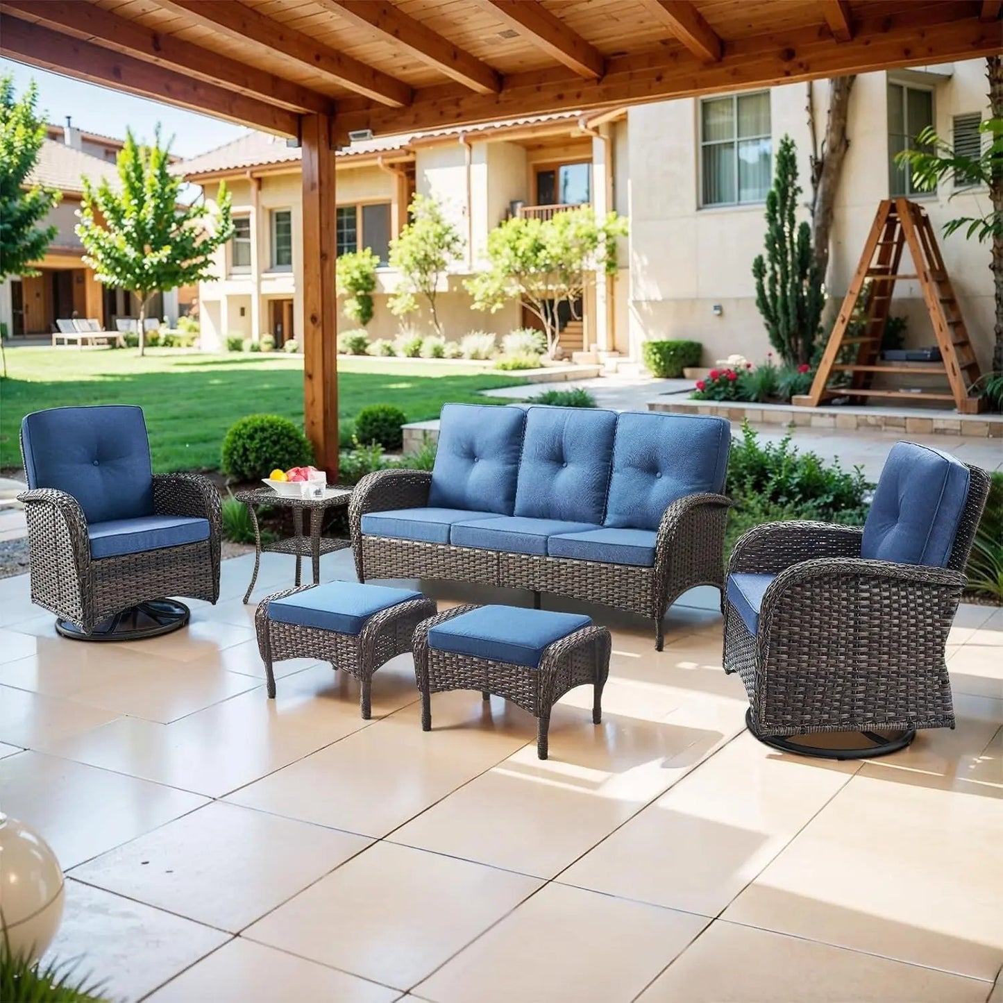 6 Piece Patio Conversation Sets - Wicker Patio Furniture Sets with Outdoor Swivel Rocker Chairs Outdoor Couch Perfect for Patio Deck Backyard, Brown Wicker Blue Cushion-0