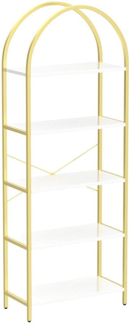 5 Tier Bookshelf Arched Display White Gold Metal Frame Bookcase ShipItFurniture