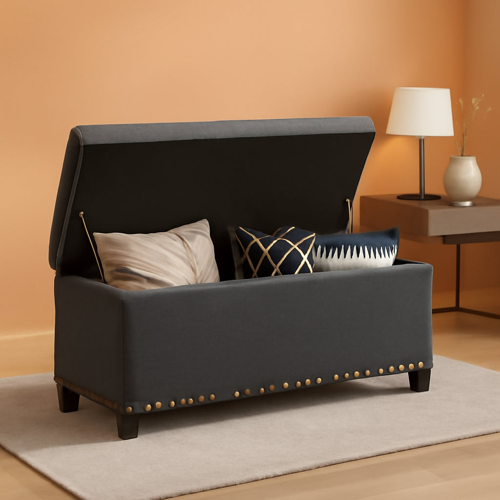 Dark Grey Button Tufted Ottoman With Hidden Storage ShipItFurniture