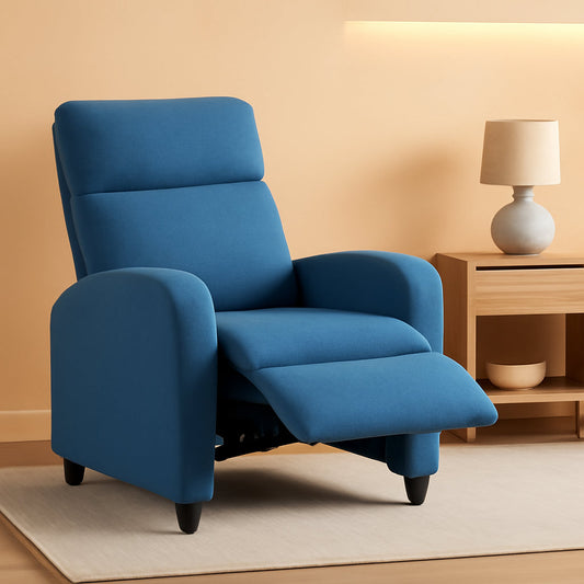 Blue Recliner Chair With Lumbar Support And Push Back Recline ShipItFurniture
