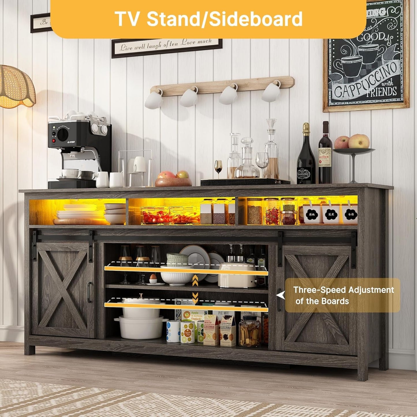 Wooden Farmhouse TV Stand 70 Inch With Double Storage