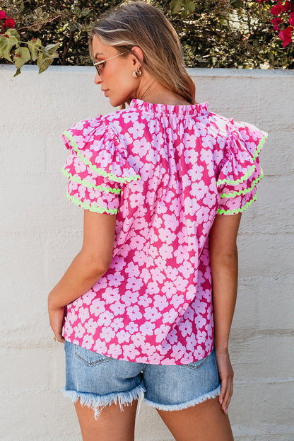 Capri Floral Ric Rac Ruffle Sleeve Blouse