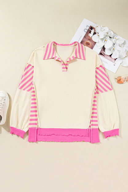 Pink Stripe Contrast Polo Collar Drop Shoulder Patchwork Plus Size Pullover