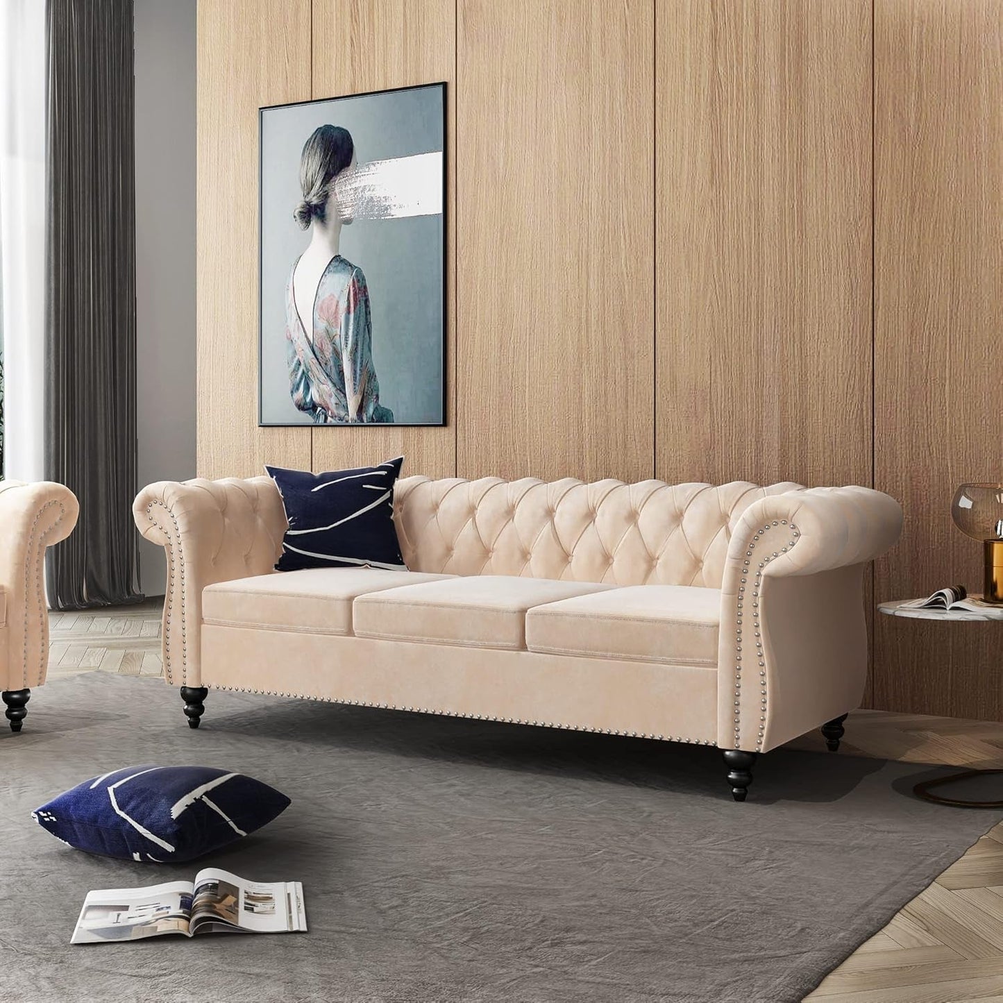 Beige Velvet Sectional Sofa Set With Button Tufting ShipItFurniture