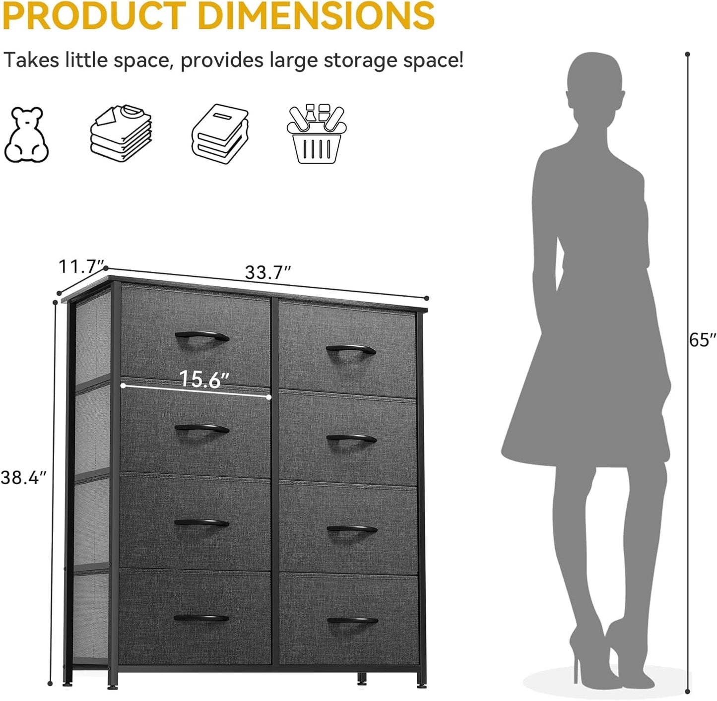 Dresser for Bedroom, Tall Dresser, Fabric Dresser with 8 Drawers, Double Dresser, Chest of Drawers for Closet, Living Room ShipItFurniture