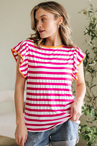 GloriaStriped Ruffle Sleeve Crew Neck Blouse