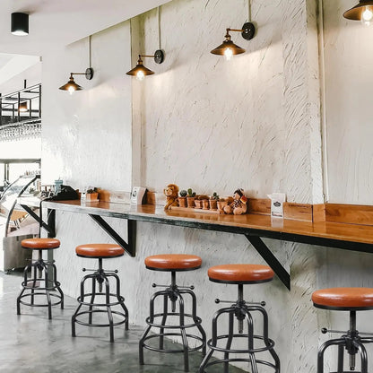Industrial Bar Stools Vintage Counter Height Bar Stool with round Faux Leather Seat Metal Stool Adjustable Kitchen Stool 21.5-28 Inch Tall Light Brown, 1PCS-1