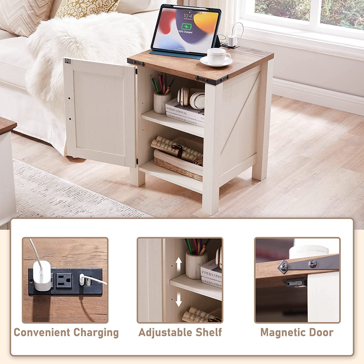 Nightstand with Charging, Antique ShipItFurniture