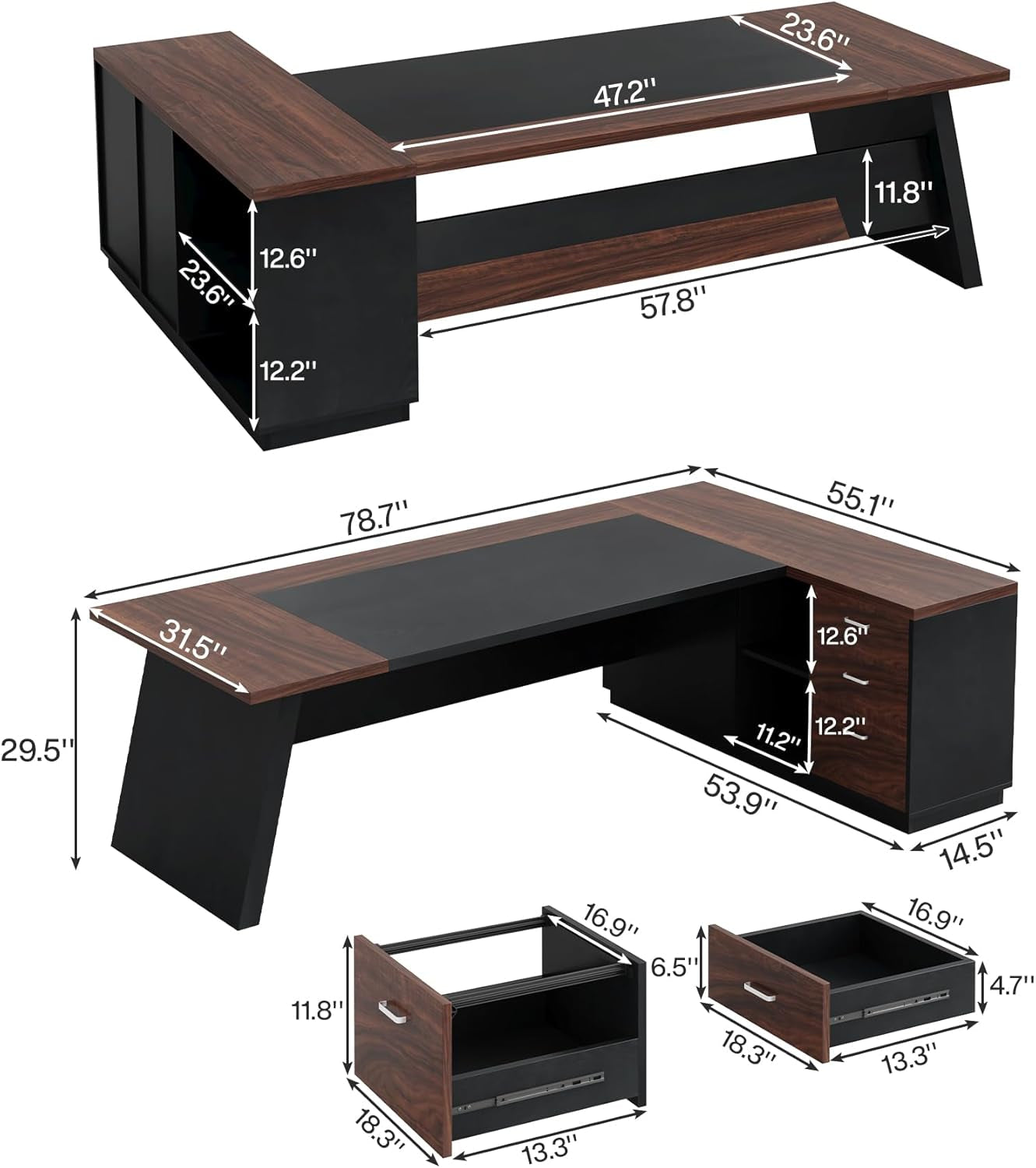 78 Inch L Shaped Executive Desk Walnut Black For Home Office ShipItFurniture