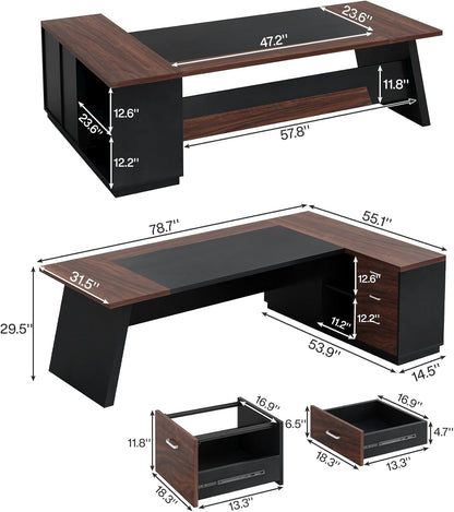 78 Inch L Shaped Executive Desk Walnut Black For Home Office ShipItFurniture