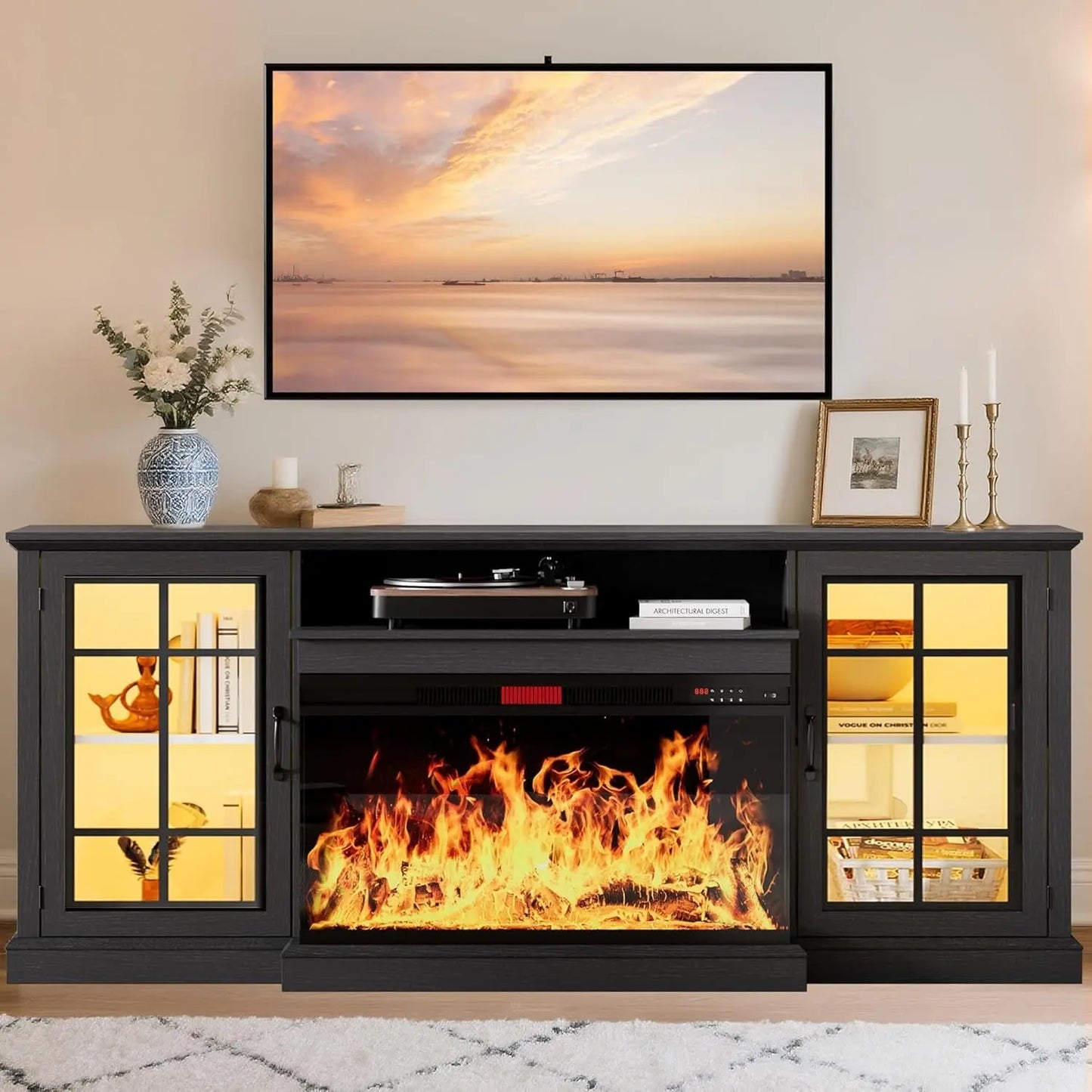 80 Inch Black Fireplace TV Stand ThreeSidedGlassPanel ShipItFurniture