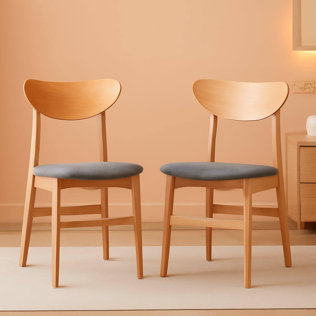 Dining Chair Set Of 2 With Grey Cushions And Natural Wood ShipItFurniture