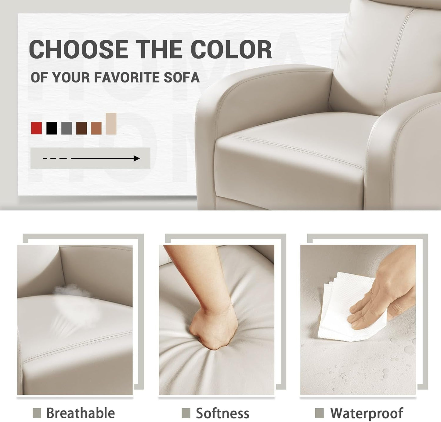 Beige PU Leather Recliner Chair With Lumbar Support And Adjustable Recline ShipItFurniture