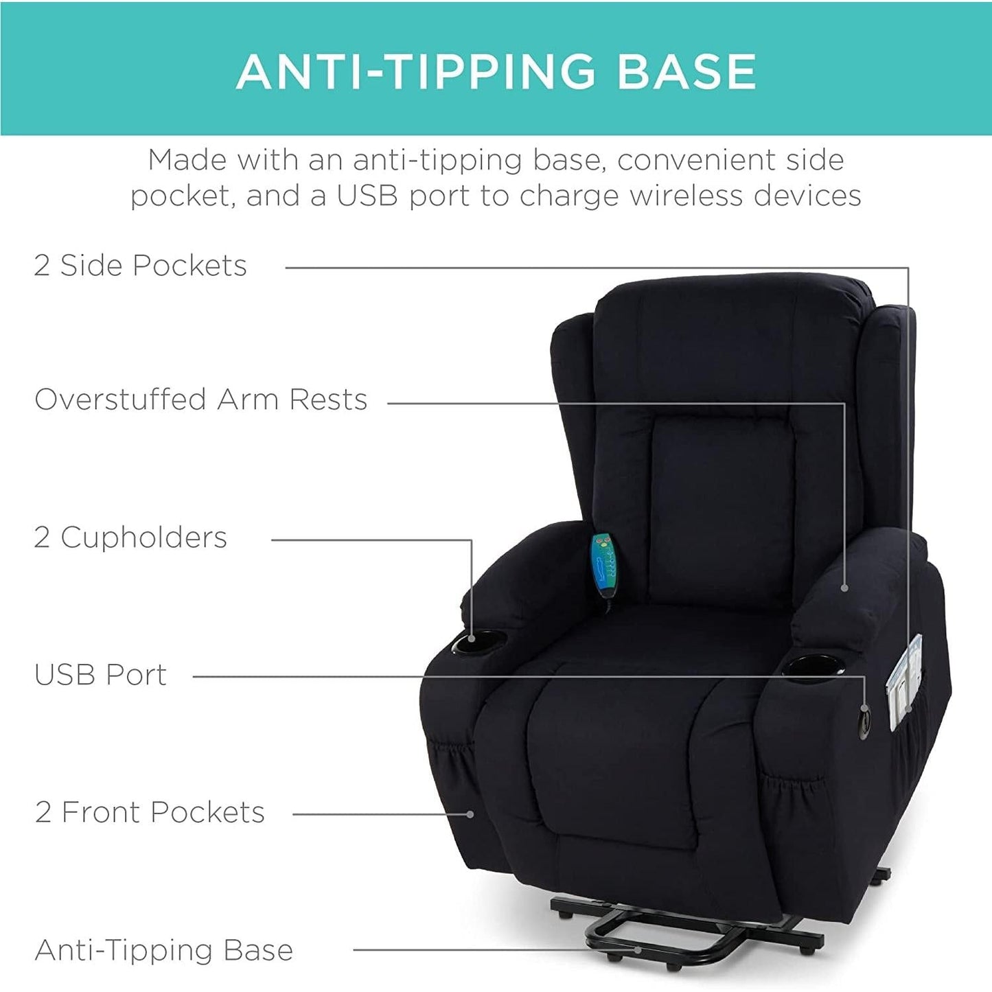 Electric Power Lift Linen Recliner Massage Chair Black ShipItFurniture