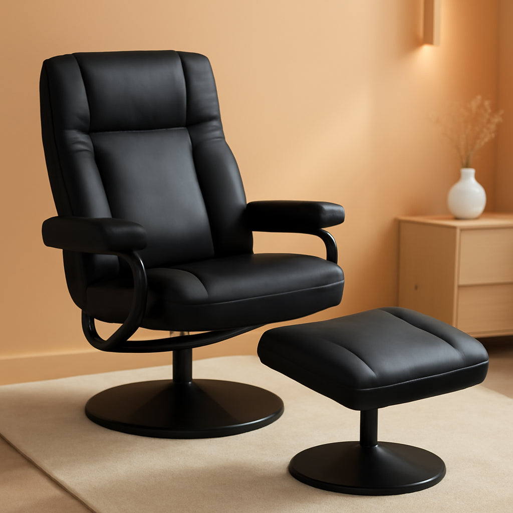 Black PU Leather Swivel Recliner With Ottoman Footrest ShipItFurniture