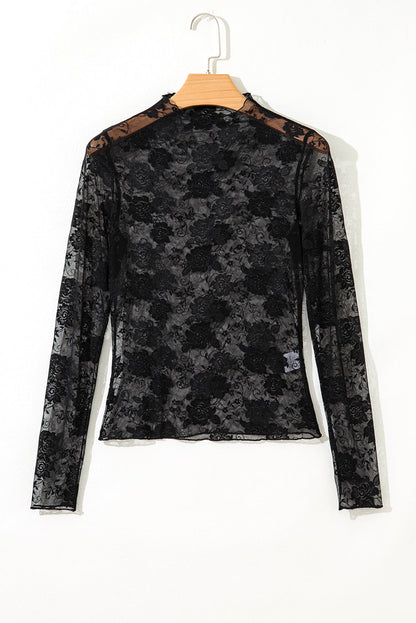 Myla Sheer Floral Lace Mesh Mock Neck Long Sleeve Top