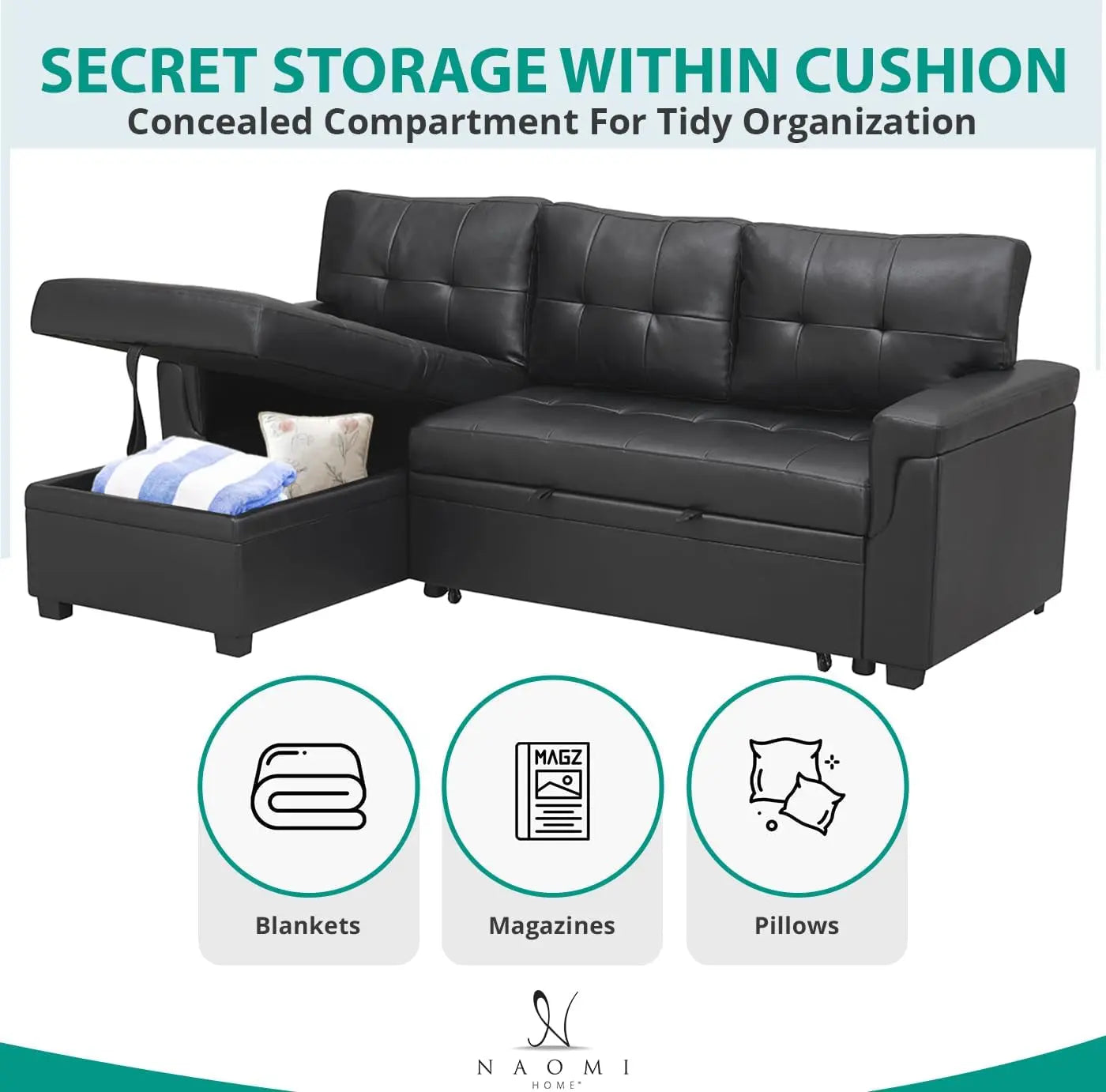 Jenny Sectional Sleeper Sofa With Storage Chaise In Black Air Leather ShipItFurniture