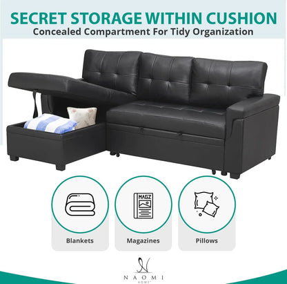 Jenny Sectional Sleeper Sofa With Storage Chaise In Black Air Leather ShipItFurniture
