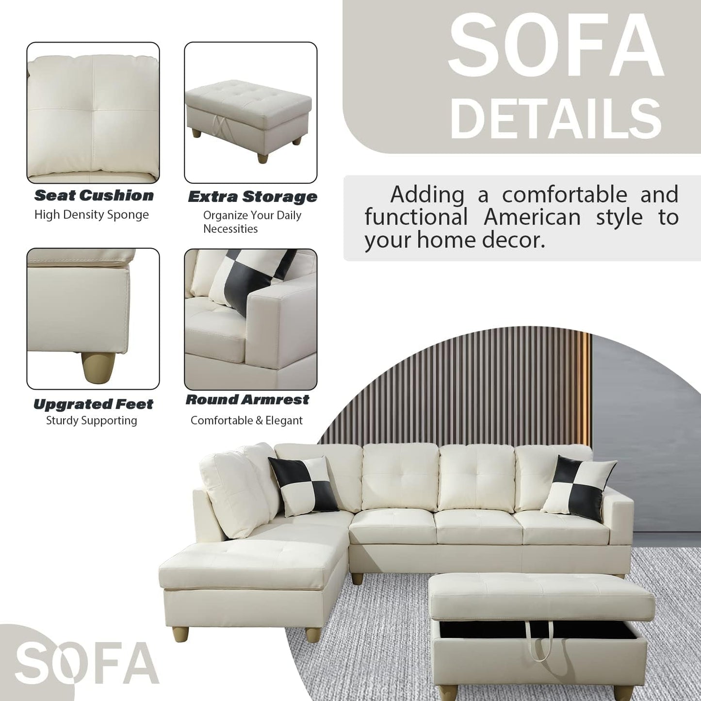 L Shaped Leather Sectional Sofa Left Hand Facing In White ShipItFurniture
