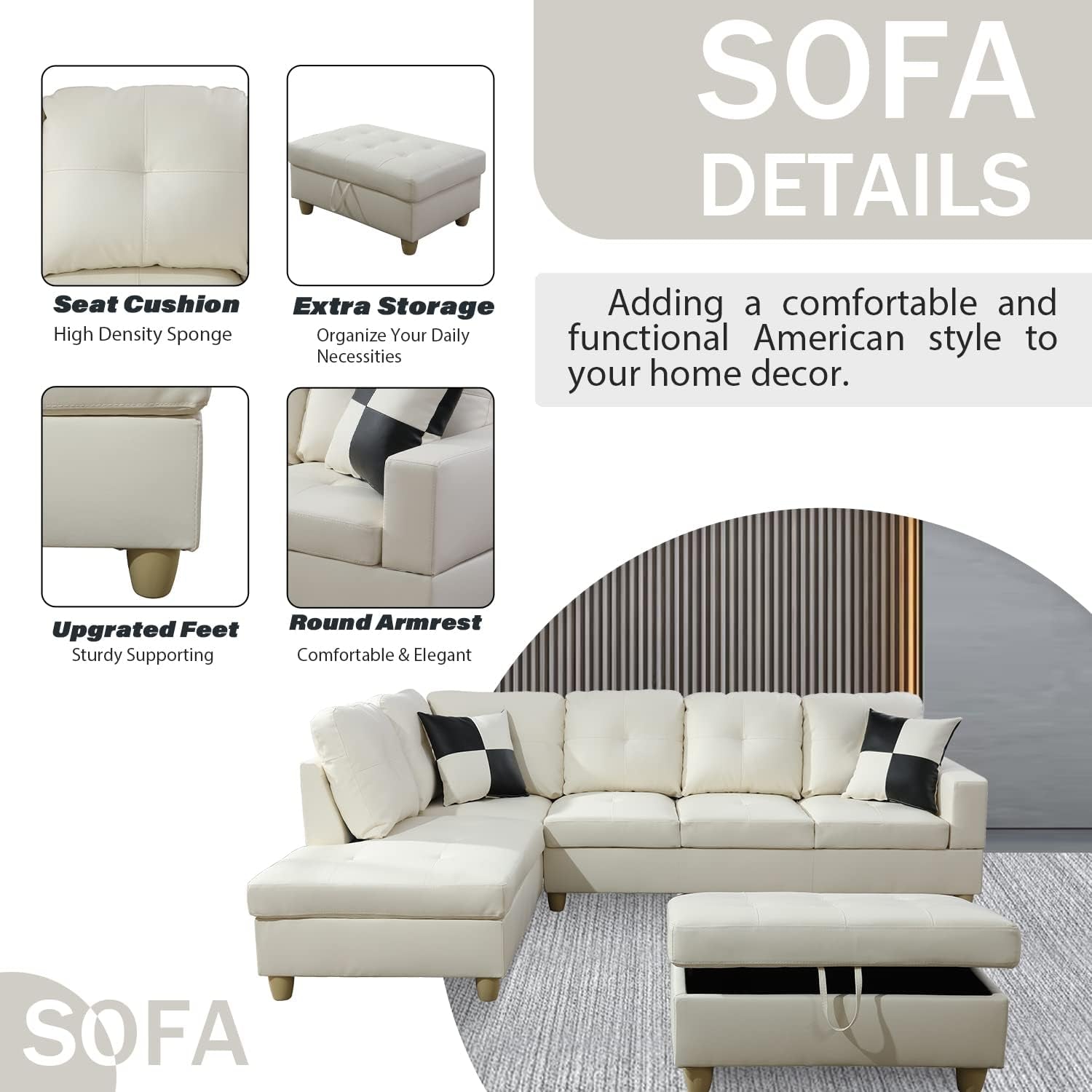 L Shaped Leather Sectional Sofa Left Hand Facing In White ShipItFurniture