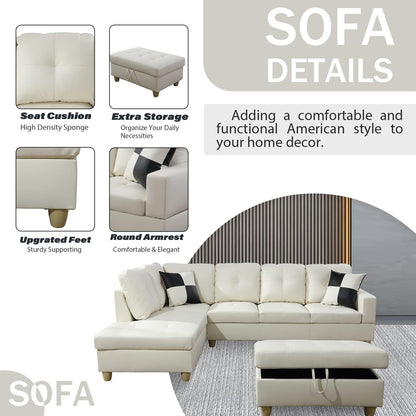 L Shaped Leather Sectional Sofa Left Hand Facing In White ShipItFurniture