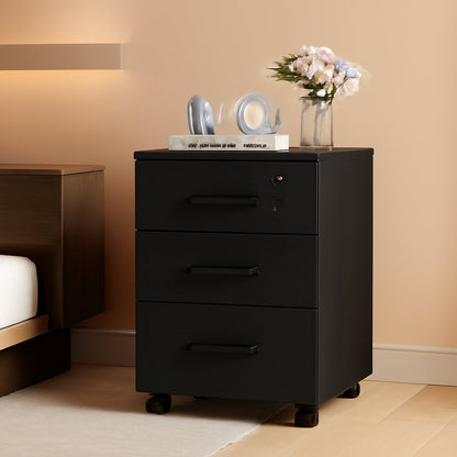 3 Drawer Wood Mobile File Cabinet With Wheels Black Under Desk Office Storage For Home Office Use ShipItFurniture
