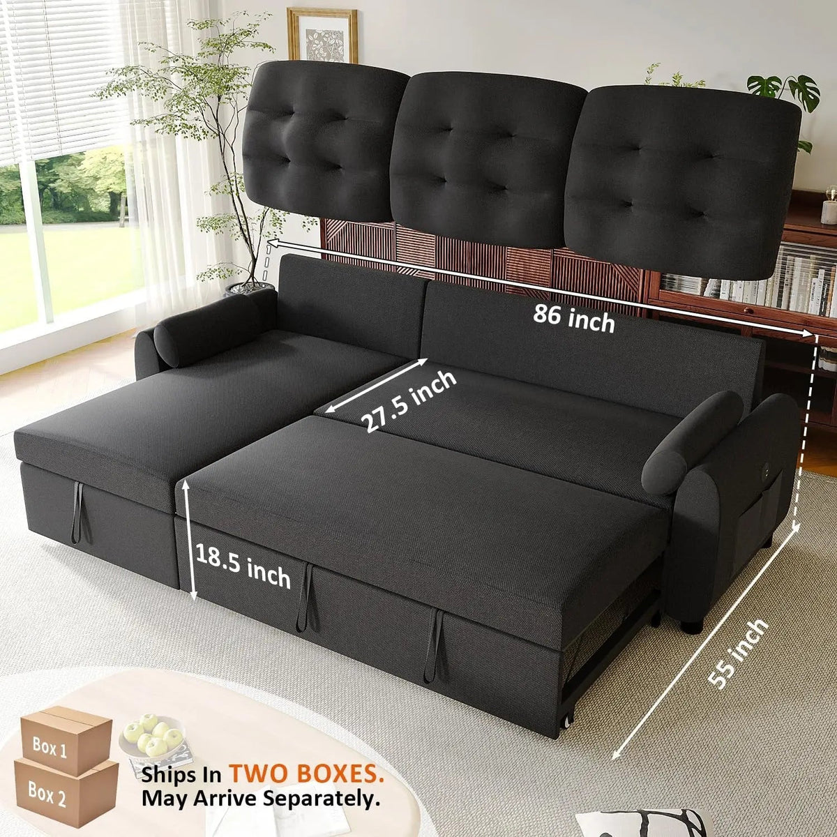 86Inch Convertible Sleeper Sectional With USB Ports - Get it from Bo