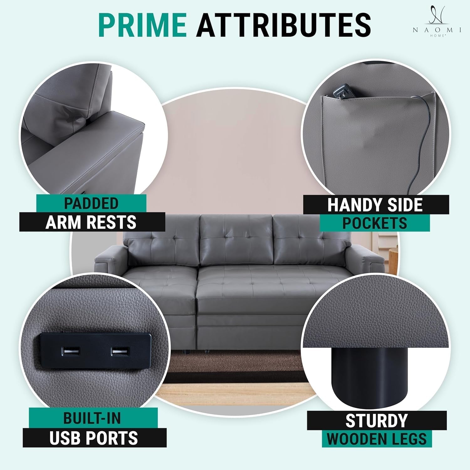 L Shaped Sectional Sleeper Sofa With USB Ports Gray Leather ShipItFurniture