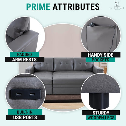 L Shaped Sectional Sleeper Sofa With USB Ports Gray Leather ShipItFurniture