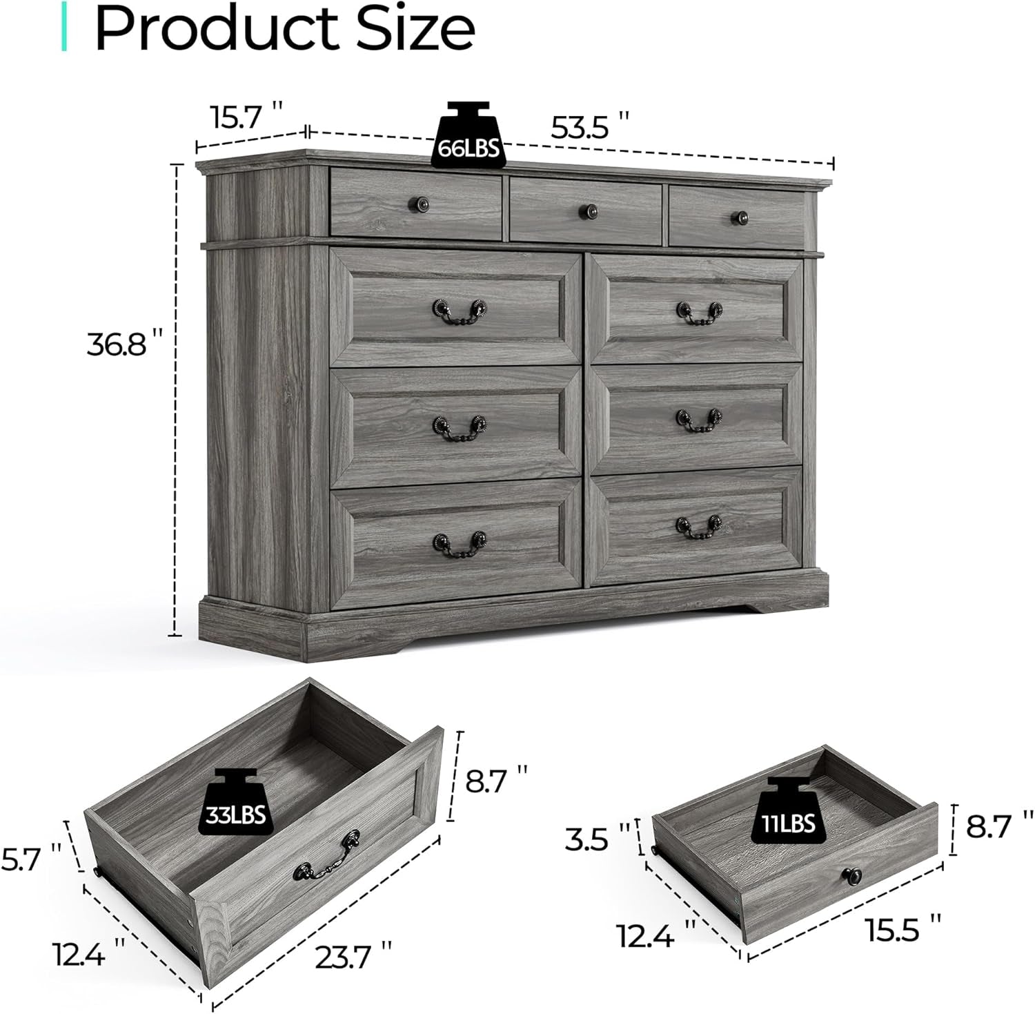 Grey 9-Drawer SolidWood Dresser For Bedroom Storage ShipItFurniture