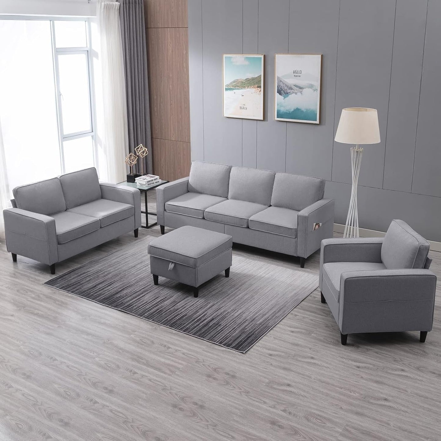 Light Grey Sectional Sofa Set With Storage Ottoman ShipItFurniture