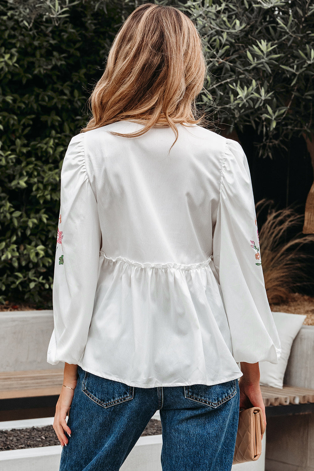 Skylar Flower Lace-up Babydoll Blouse Threaded Pear