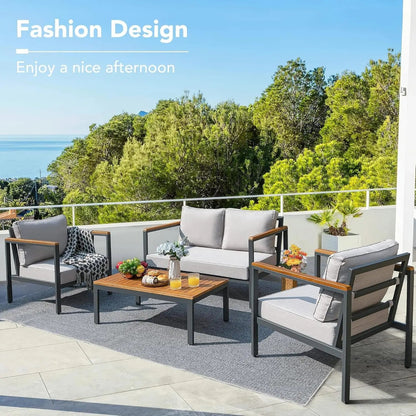 4 Pieces Patio Furniture Sets Outdoor Conversation Set Acacia Wood Sofa Set with Coffee Table Thicker Sponge Cushion-4