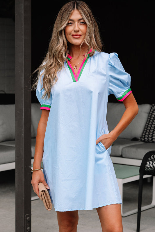 Lily Striped Notched V Neck Puff Sleeve Mini Dress Threaded Pear