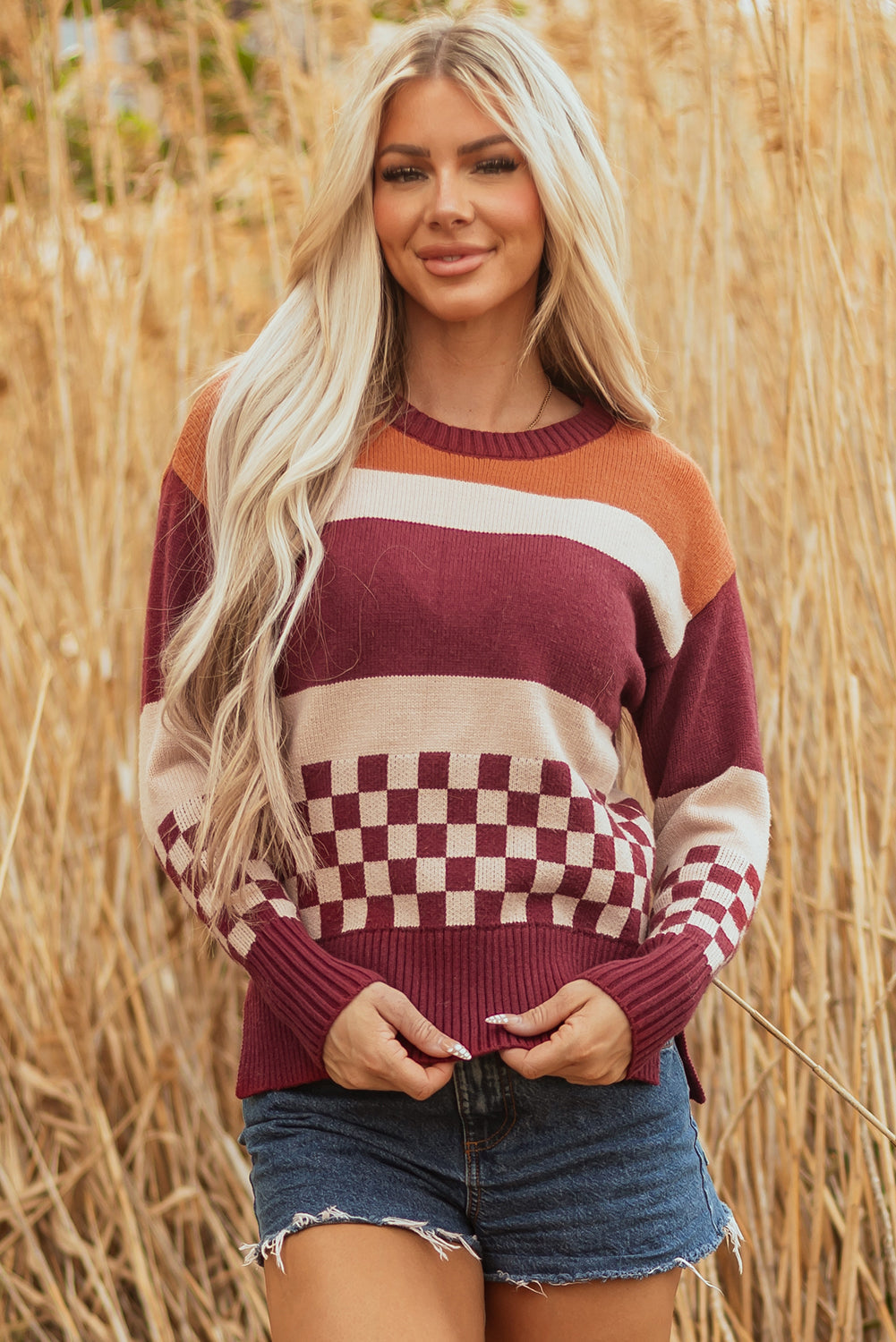 Noelle Checkered Knitted Sweater Threaded Pear