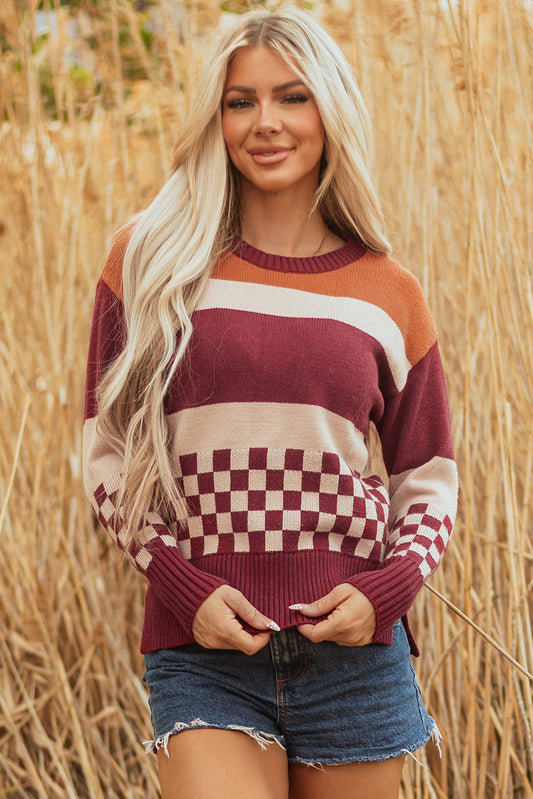 Noelle Checkered Knitted Sweater Threaded Pear